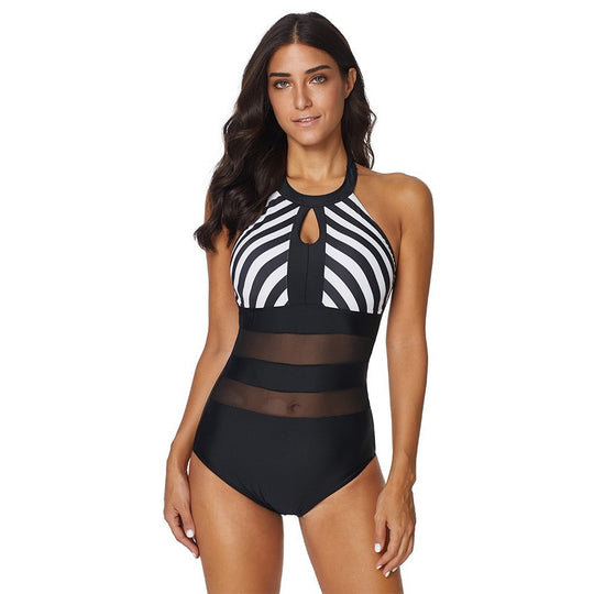 Backless Striped Stitching One-piece Swimsuit Women's Plus Size Swimsuit - Onouthati
