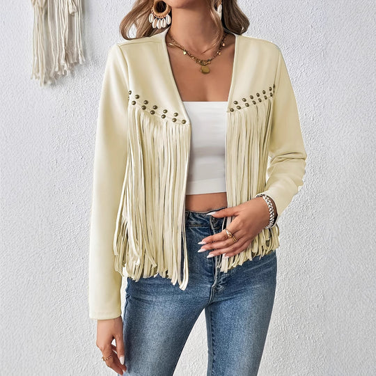 Women's Elegant Solid Color Tassel Trimmed Front Open Jacket Jacket - Onouthati