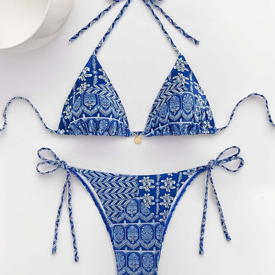 Women Printed Lace-up Bikini Split Swimsuit Swimwear - Onouthati