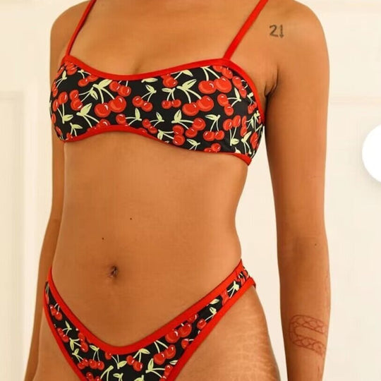 New Cherry Print Tube Top Bikini Swimsuit For Women