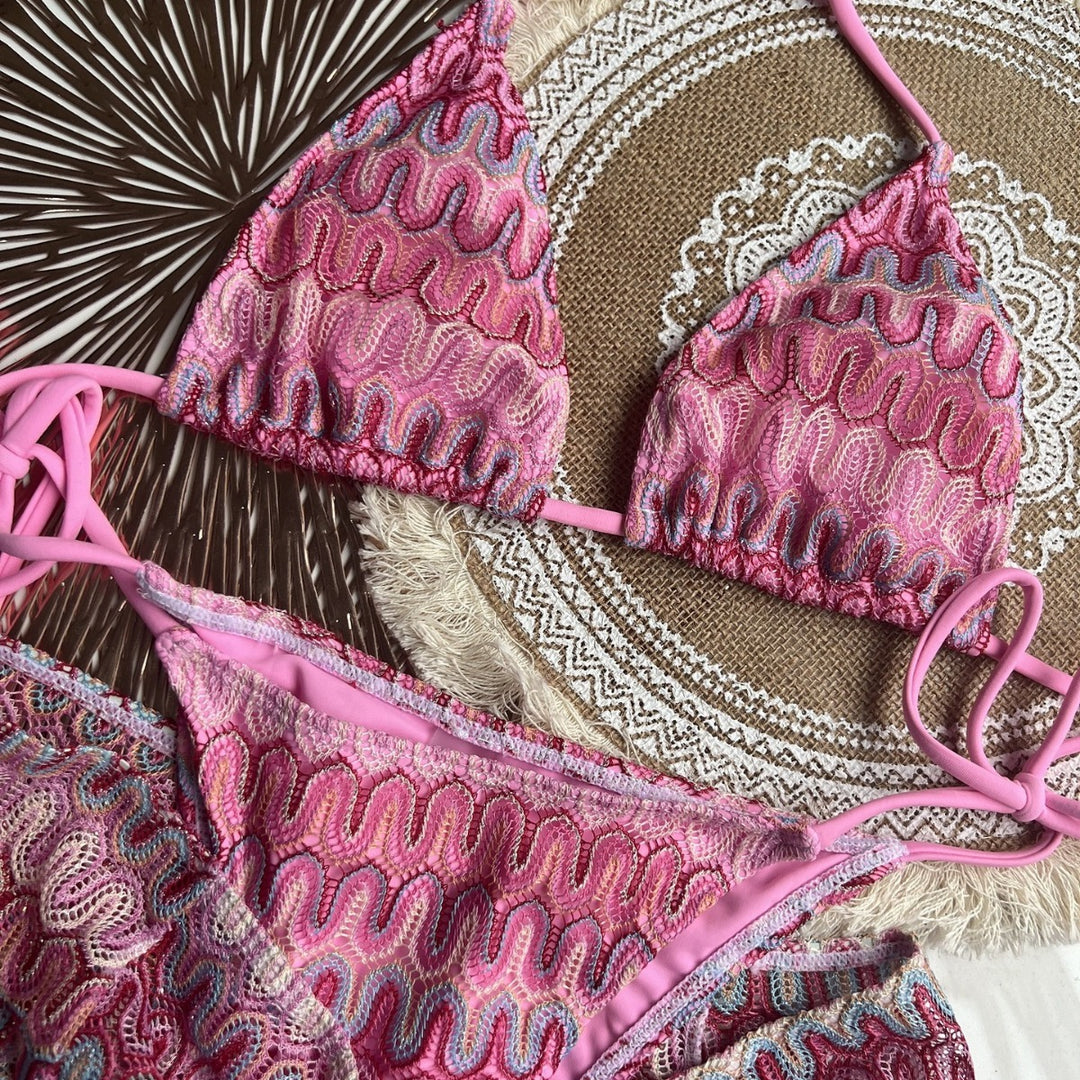 Knitting Bikini Skirt Three-piece Set Bikini Striped Swimsuit Bikini Women Swimw - Onouthati