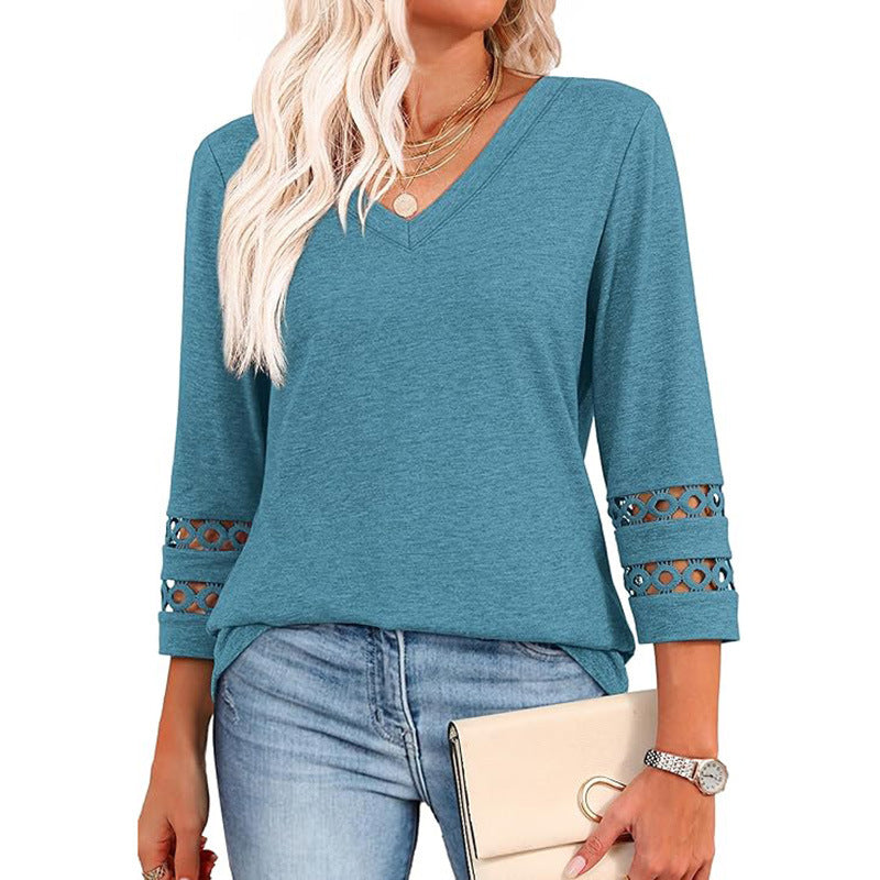 Solid Color Loose V-neck 34 Sleeves Women - Onouthati