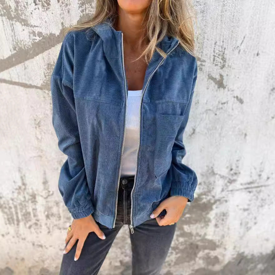 Women's Solid Color Simple Corduroy Hooded Jacket - Onouthati