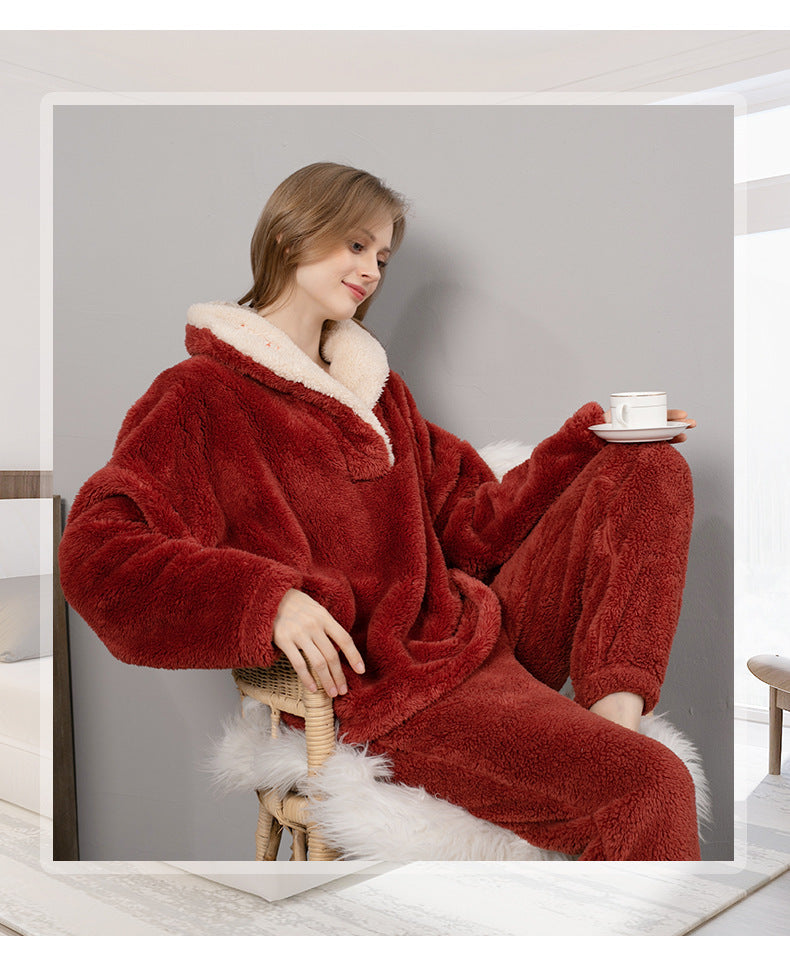 Coral Fleece Pajamas Women Autumn And Winter Pajamas Set Thickened Home Service - Onouthati