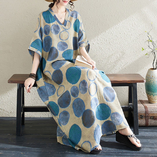 Ethnic Style V-neck Printed Striped Dress Women - Onouthati