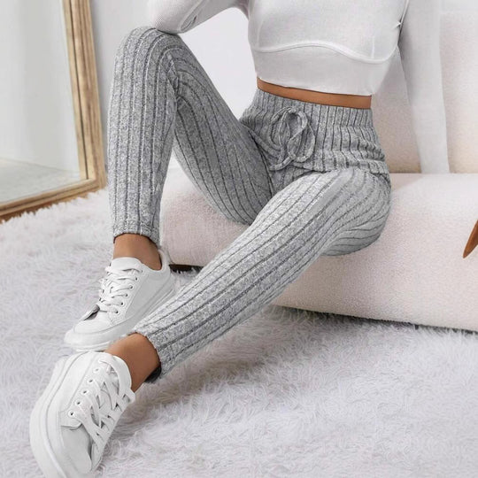 Women's Autumn And Winter Solid Color With Fur Drawstring Tight And Warm High Waist Outerwear Leggings - Onouthati