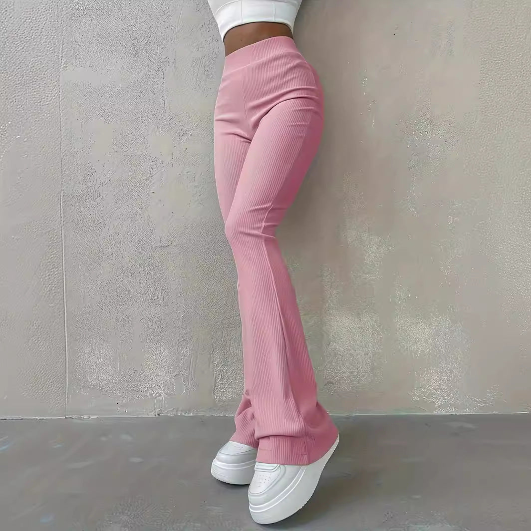 Casual Rib Simple Slim Fit Leggings Solid Color High Waist Fashion Trousers - Onouthati