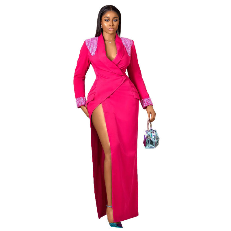 Rose Red Suit Collar Deep V Split High Waist Dress - Onouthati