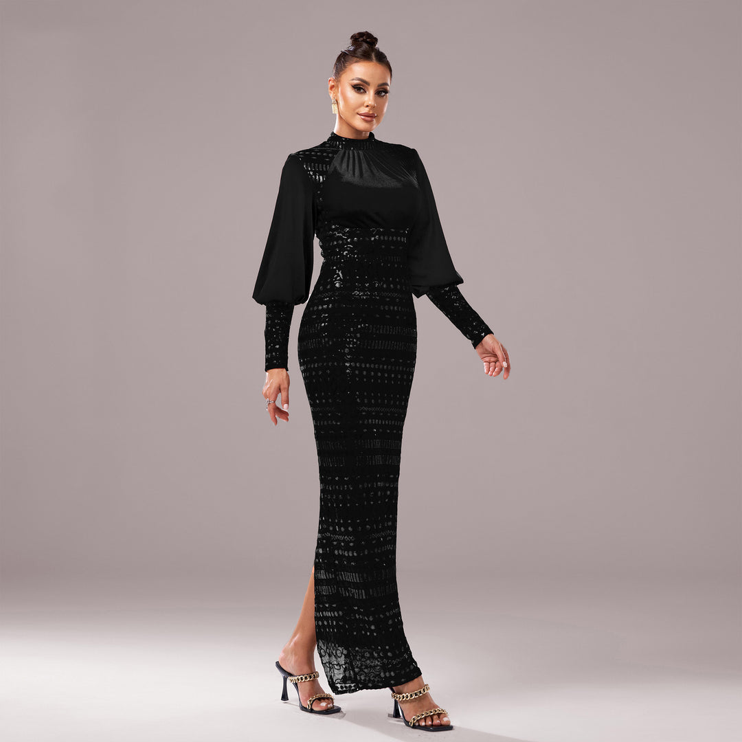 Long Sleeve Round Neck Sequins Slit Evening Dress - Onouthati
