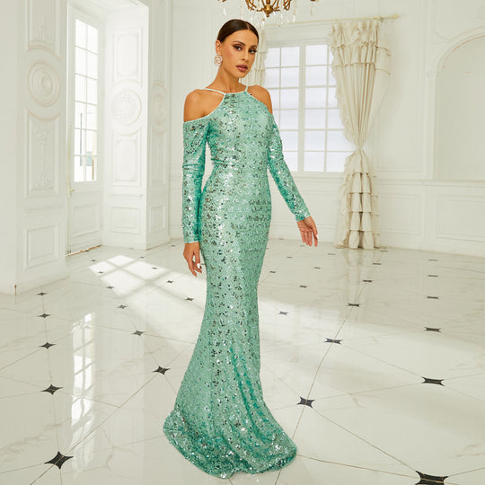 Long Sleeve Off-the-shoulder Banquet Sequined Sheath Fishtail Dress - Onouthati
