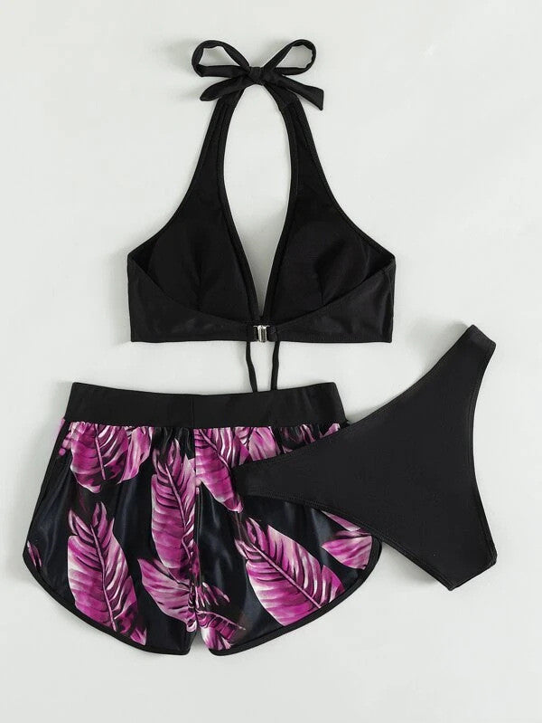 3pcs Leaf Print Bikini With Shorts Fashion Summer Beach Swimsuit Womens Clothing - Onouthati