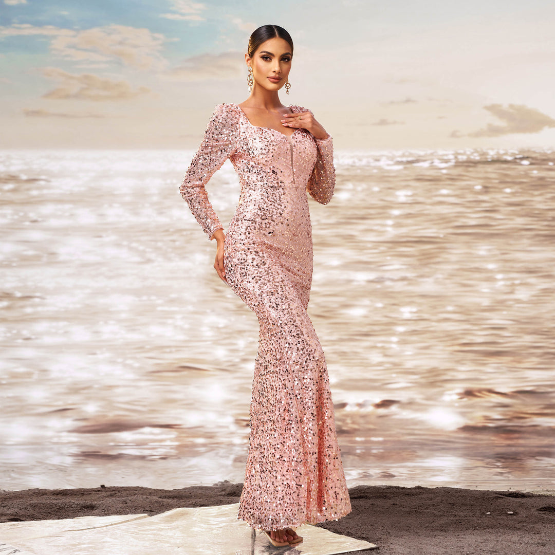Long Sleeve Square-neck Sequined Sheath Fishtail Evening Dress - Onouthati