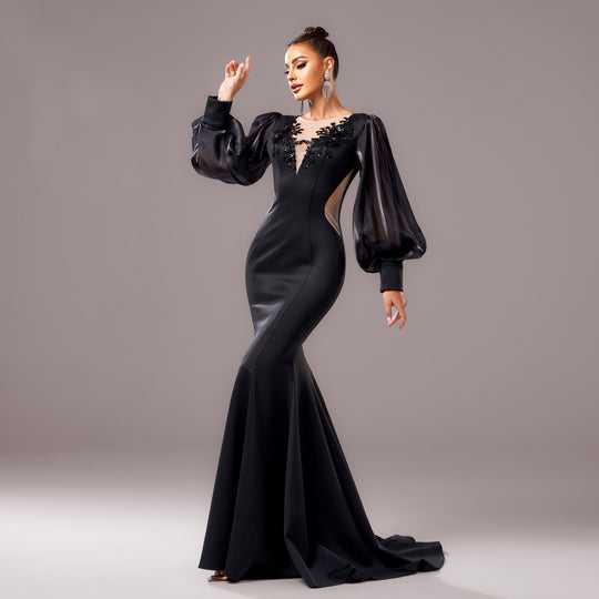 Long Sleeve Round Neck Banquet Applique Sheath Fishtail Dress - Onouthati