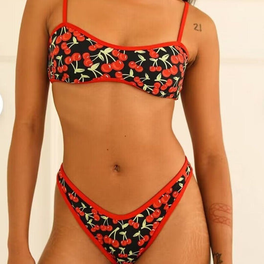 New Cherry Print Tube Top Bikini Swimsuit For Women