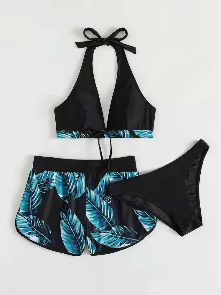 3pcs Leaf Print Bikini With Shorts Fashion Summer Beach Swimsuit Womens Clothing - Onouthati