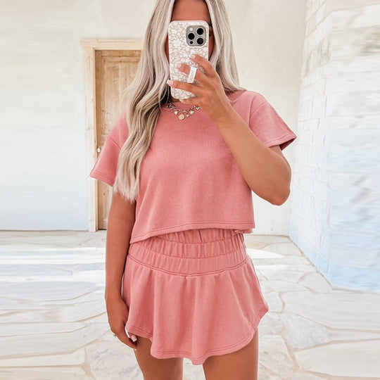 New Solid Color Short Sleeve Casual Suit Women - Onouthati