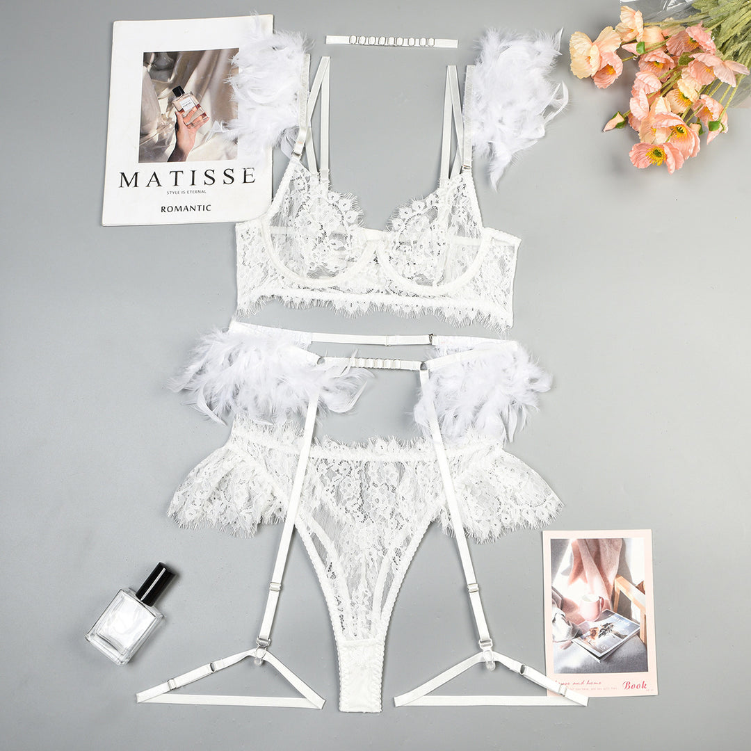 Feather Sexy Lingerie Lace Women Underwear Bra Panty - Onouthati