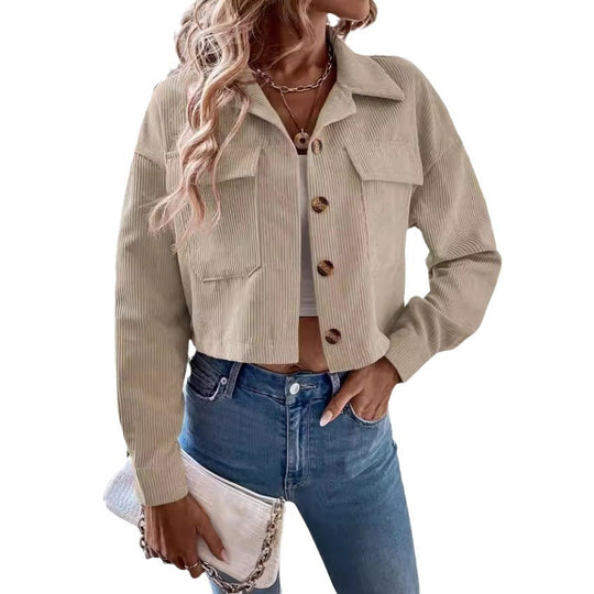 Women's Fashion Short Corduroy Button Jacket Casual Short Coat - Onouthati