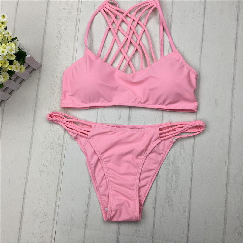 cut out Bikinis Sexy pink bandage cut out Halter bikini swimsuit women cross Women's swimwear swimming suit - Onouthati