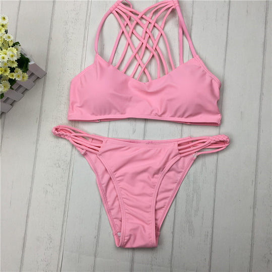 cut out Bikinis Sexy pink bandage cut out Halter bikini swimsuit women cross Women's swimwear swimming suit - Onouthati
