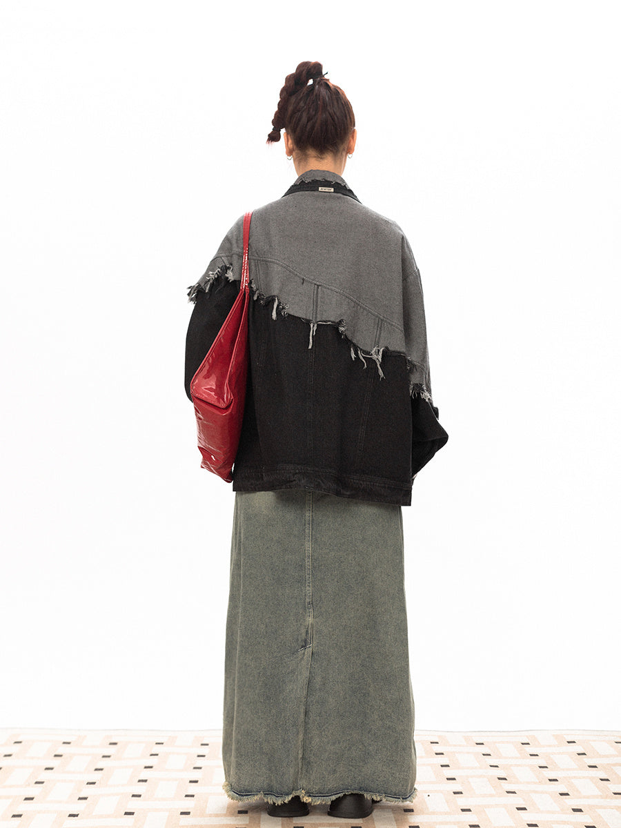Stitching Design Contrast Color Damage Denim Coat - Onouthati
