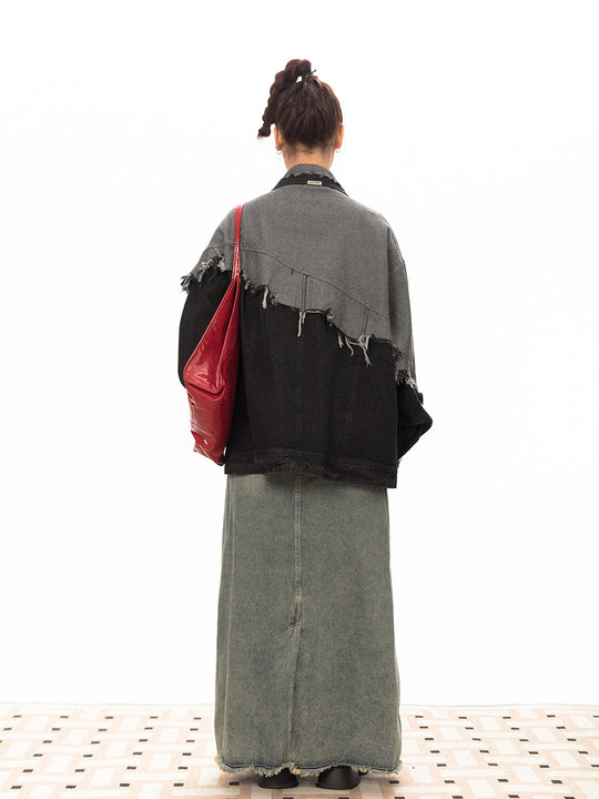 Stitching Design Contrast Color Damage Denim Coat - Onouthati
