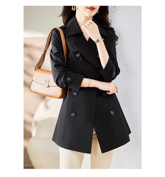 Women's Mid-length Trench Coat Double Breasted Fitted Waist Overcoat - Onouthati