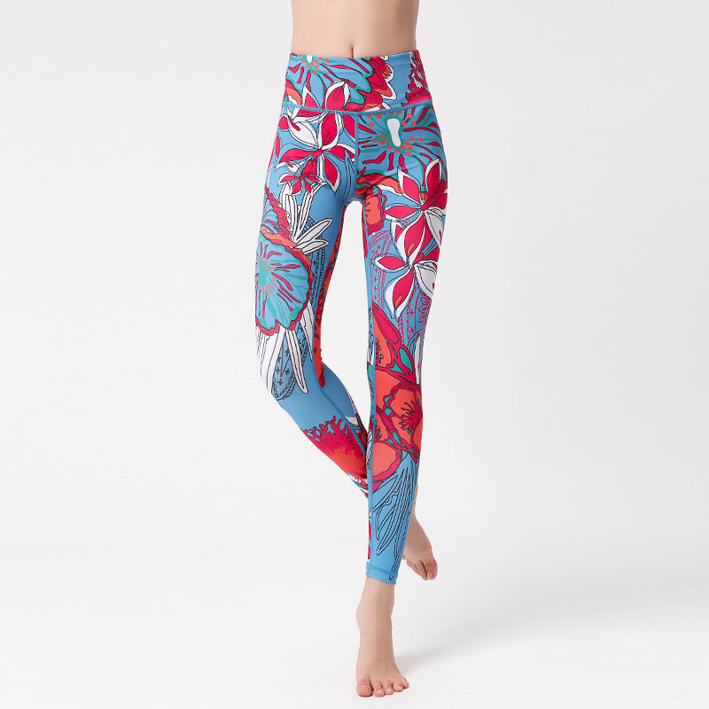 Fashion Flowers Print Leggings High Waist Hip Lifting Yoga Pants For Women Sports Running Fitness Trousers - Onouthati