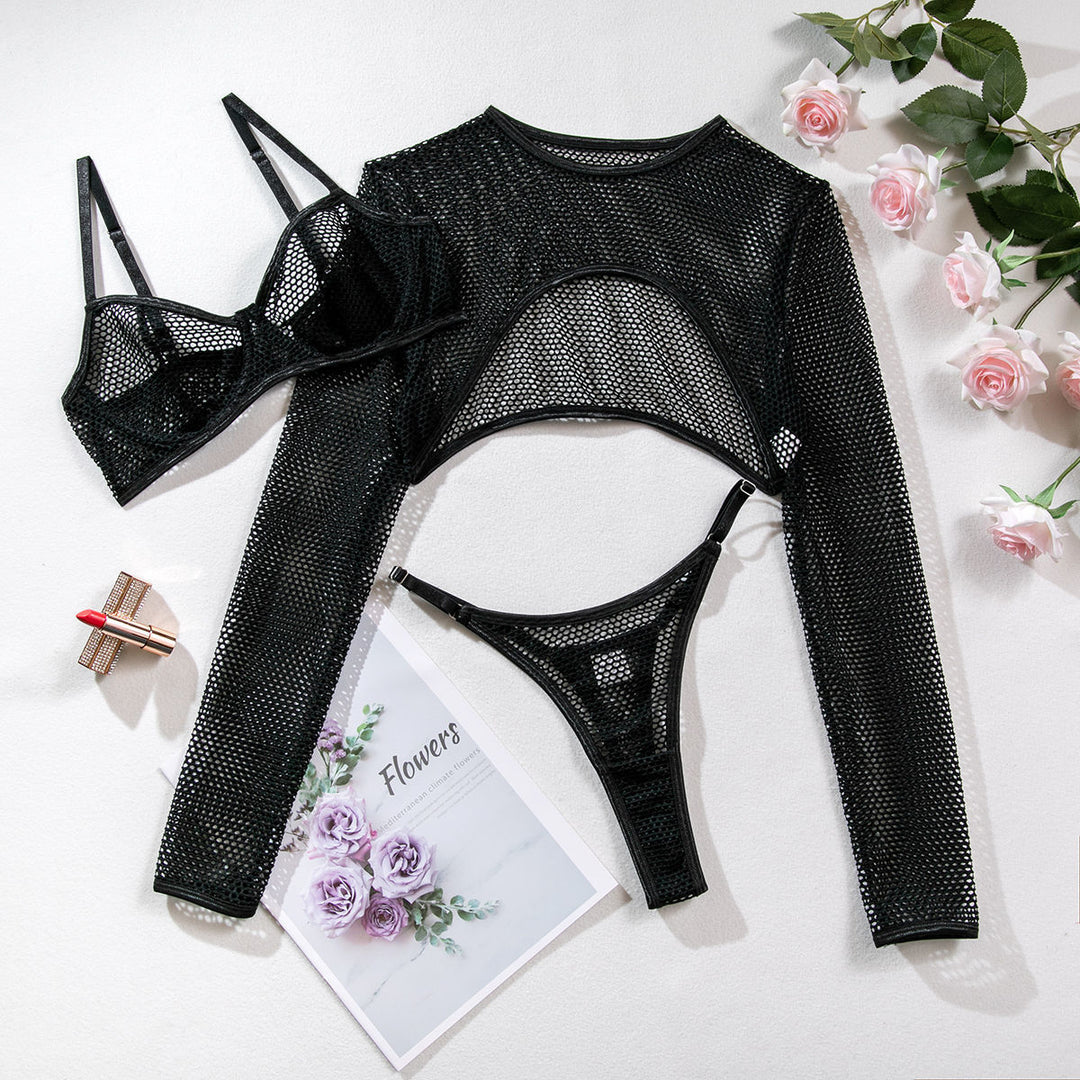 Long Sleeve Blouse Mesh Hollow Sexy Lingerie Three-piece Bra Short Waistcoat Top Suit - Onouthati