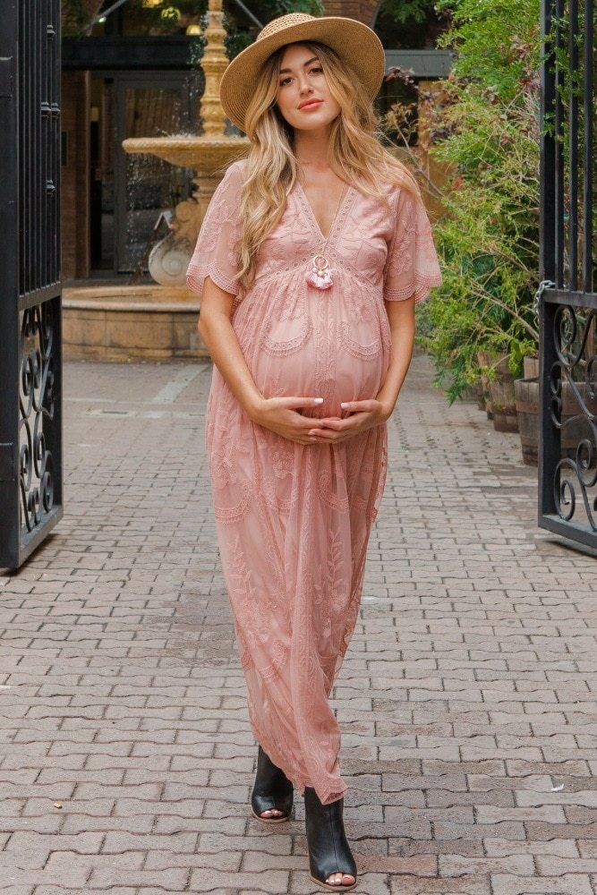 Maternity Dresses for Photo Shoot Summer V Neck White Lace Short Sleeve Pregnancy Dress Pregnant Women Photography Maxi Dress - Onouthati