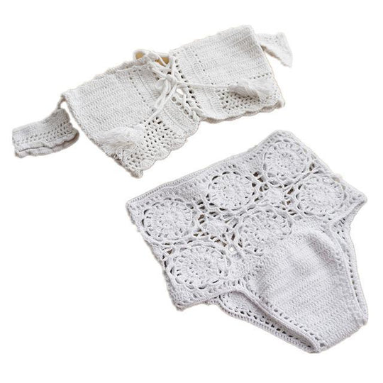 Knitted Swimwear Women Bikini Set Off Shoulder Swimsuit Bandeau Swimming Suit for Women Bandage High Waist Bathing Suit - Onouthati
