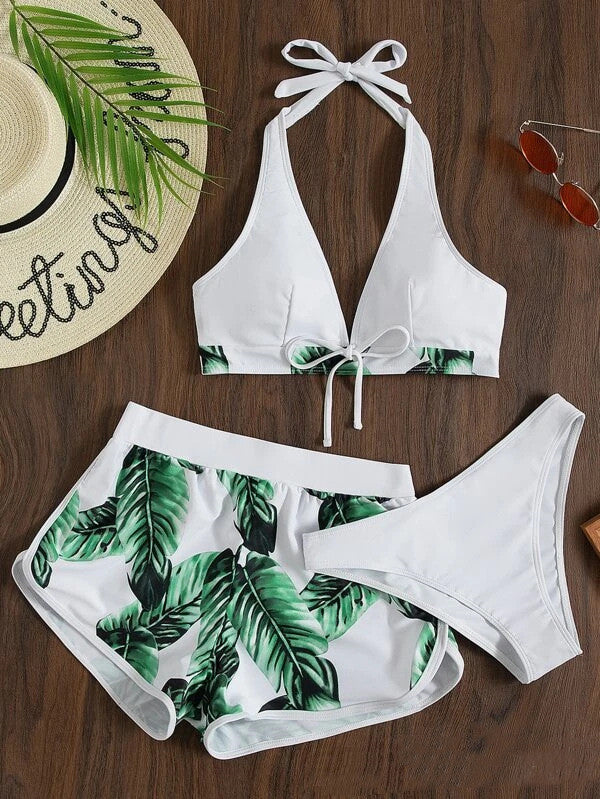 3pcs Leaf Print Bikini With Shorts Fashion Summer Beach Swimsuit Womens Clothing - Onouthati