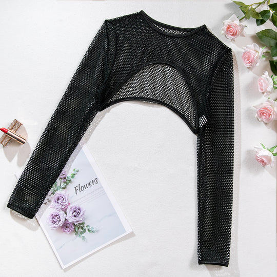 Long Sleeve Blouse Mesh Hollow Sexy Lingerie Three-piece Bra Short Waistcoat Top Suit - Onouthati
