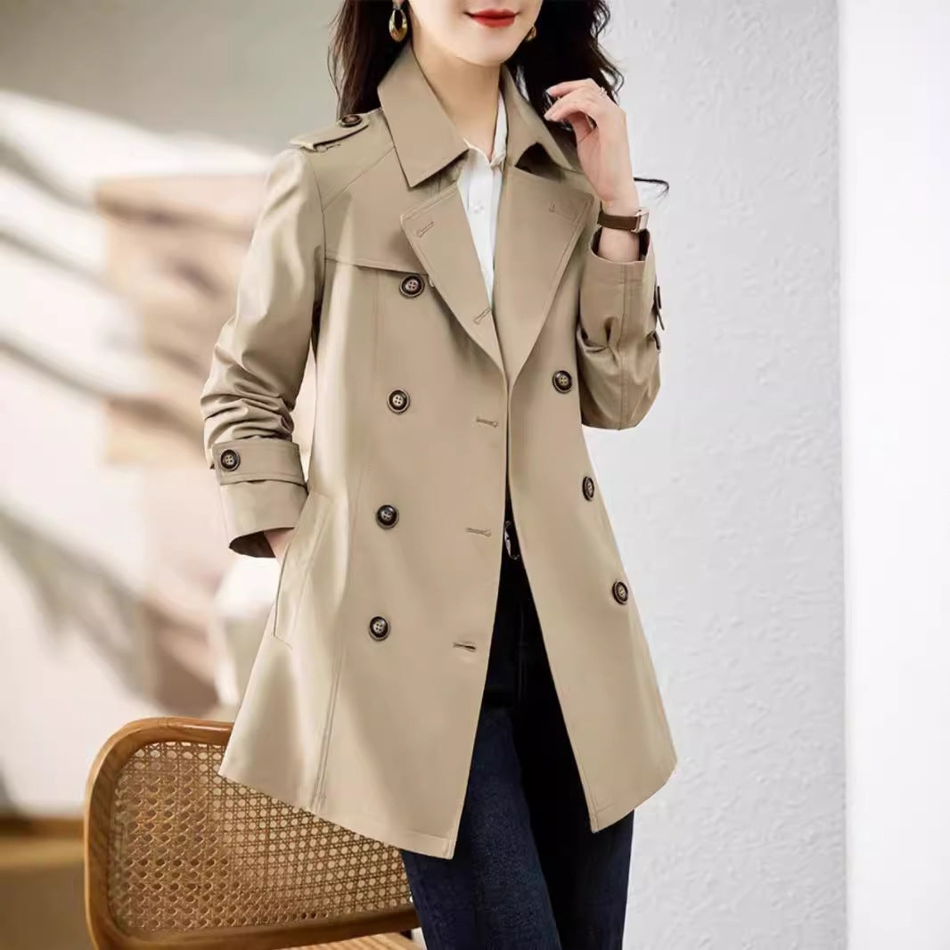 Women's Mid-length Trench Coat Double Breasted Fitted Waist Overcoat - Onouthati