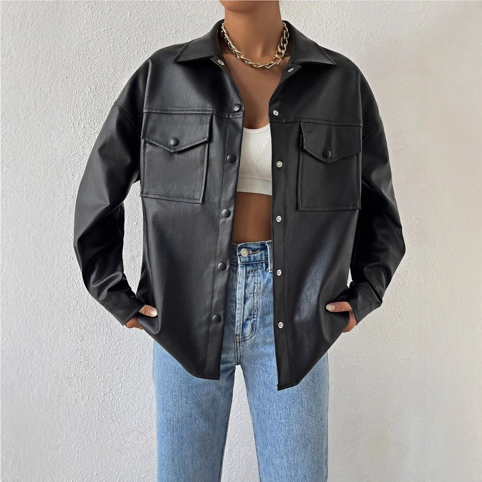 Single-breasted Solid Color Pocket PU Fashion Casual Jacket Top - Onouthati