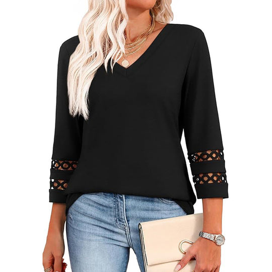Solid Color Loose V-neck 34 Sleeves Women - Onouthati
