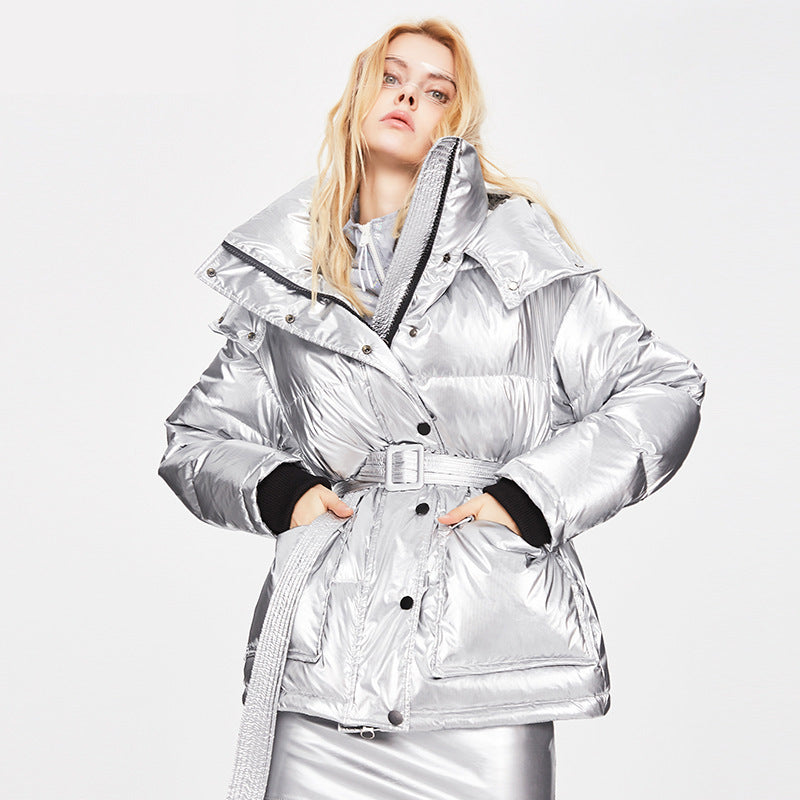 Winter Jacket Thick Mid-length Waist White Duck Down Jackets Slim Belt Silver Shiny Parka Women Coat - Onouthati