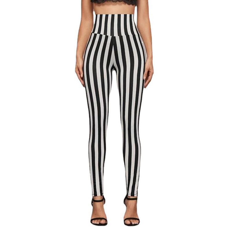 Vertical Stripes High Waist Leggings Cropped Skinny Pants - Onouthati