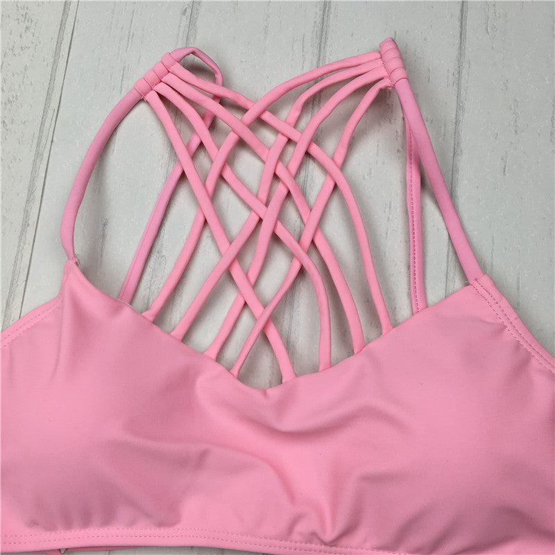 cut out Bikinis Sexy pink bandage cut out Halter bikini swimsuit women cross Women's swimwear swimming suit - Onouthati