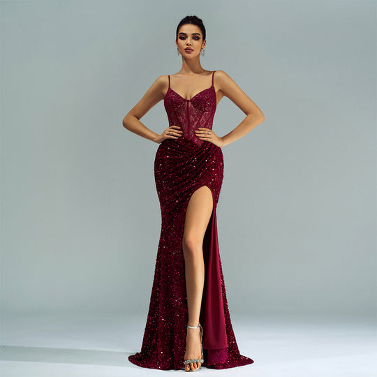Spaghetti Straps Sleeveless Sequined High Slit Evening Dress - Onouthati