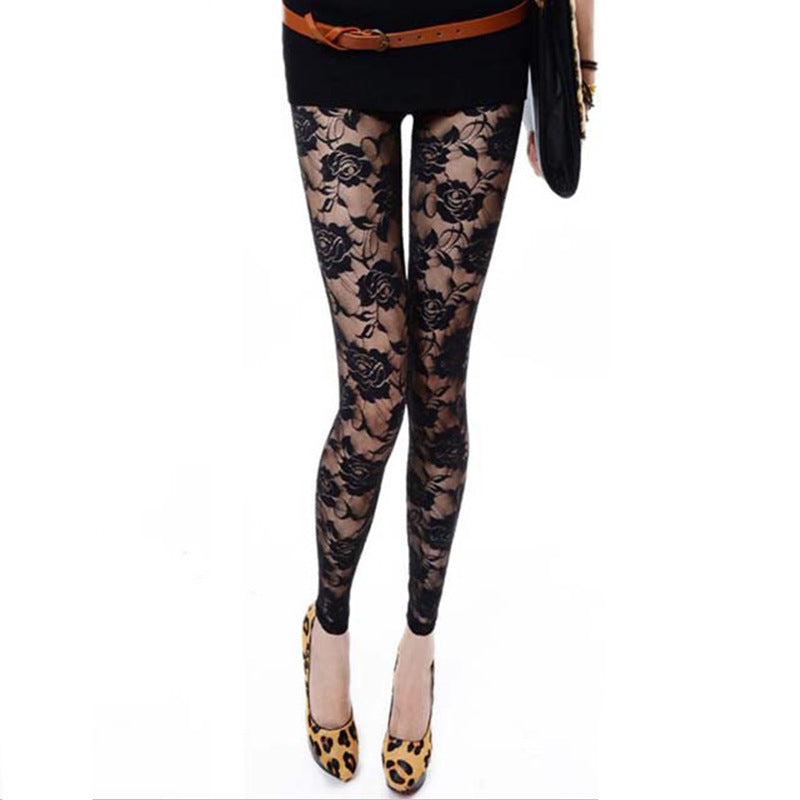 Autumn Sweet Lace Rose Hollow Leggings - Onouthati
