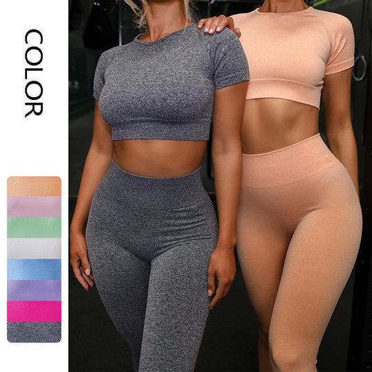 Seamless Yoga Sport Set Fitness Women Running Leggings Short Sleeve Tops - Onouthati