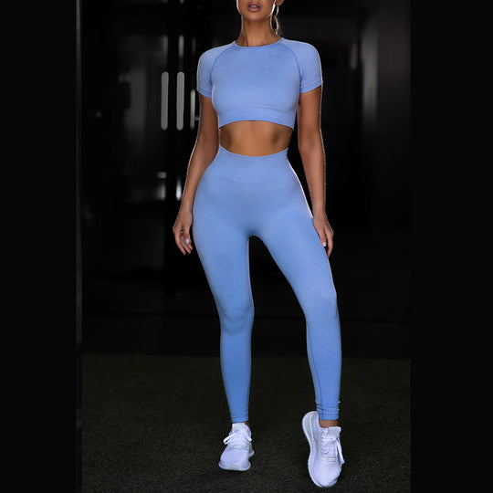 Seamless Yoga Sport Set Fitness Women Running Leggings Short Sleeve Tops - Onouthati