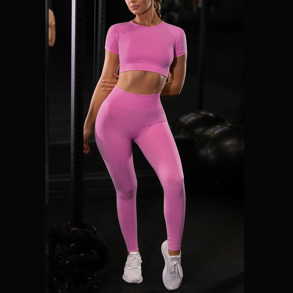 Seamless Yoga Sport Set Fitness Women Running Leggings Short Sleeve Tops - Onouthati