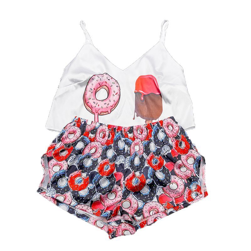 Printed Pajamas Women Satin Sweet Sexy Halter Shorts - Onouthati