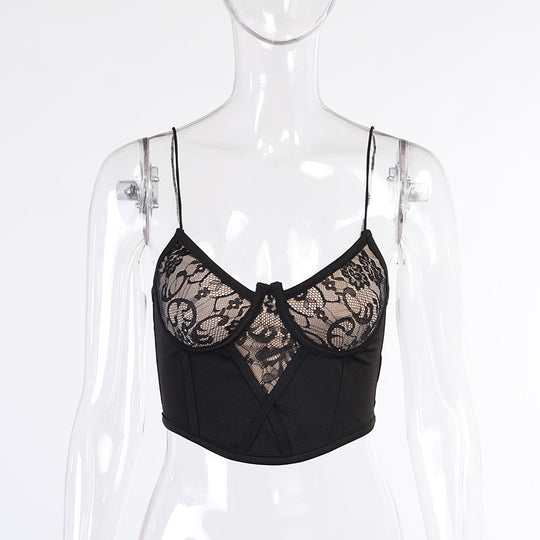 V-neck Slim Backless Sexy Lace Suspenders Color Matching Hot Girl Vest Women - Onouthati