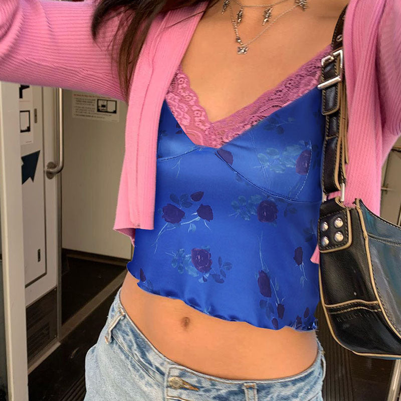 European And American Women's Sexy Retro Lace Rose Print Vest Bottoming Suspender Top Women - Onouthati