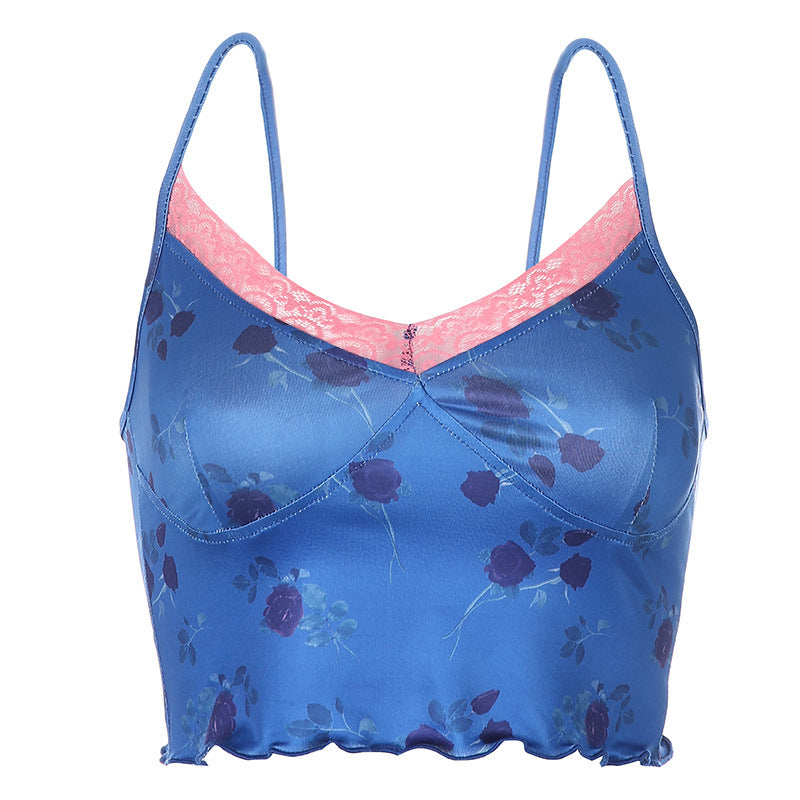 European And American Women's Sexy Retro Lace Rose Print Vest Bottoming Suspender Top Women - Onouthati