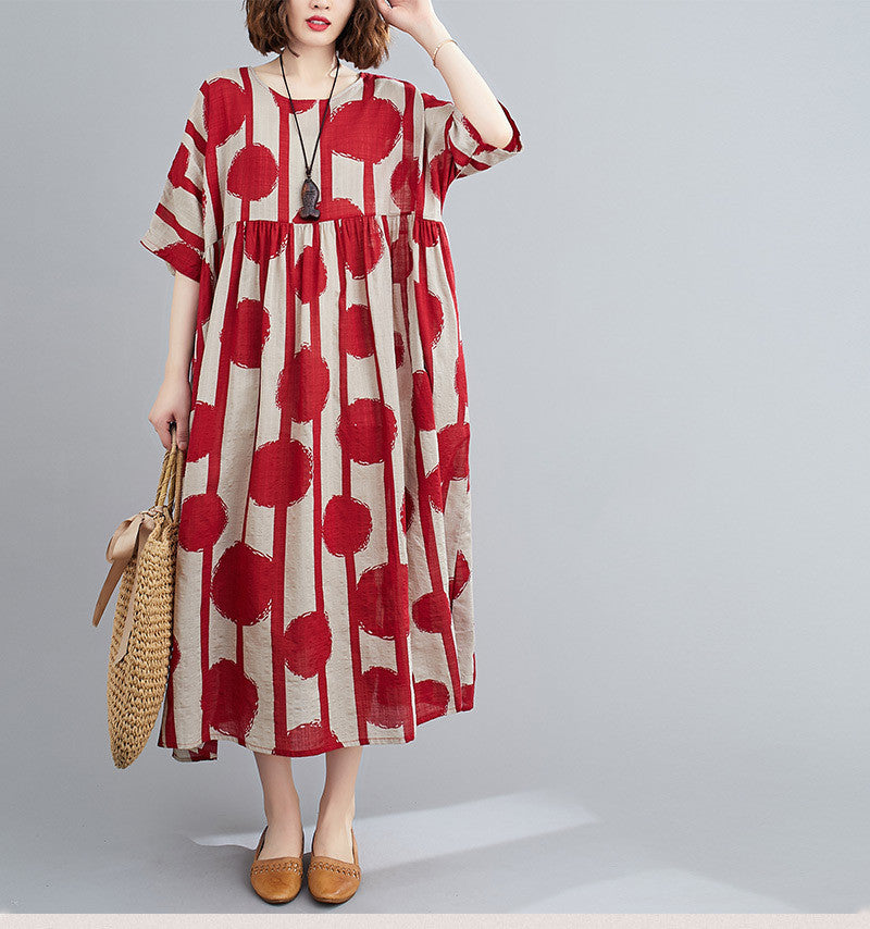 Plus Size Vintage Polka Dot Simmer Dress Cotton Casual Ladies Dresses for Women 4XL 5XL 6XL Robe Femme Red Long Dress - Onouthati