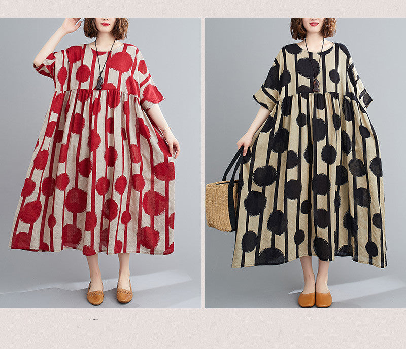 Plus Size Vintage Polka Dot Simmer Dress Cotton Casual Ladies Dresses for Women 4XL 5XL 6XL Robe Femme Red Long Dress - Onouthati